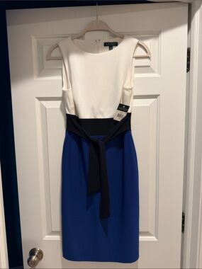 Ralph Lauren White, Black & Royal Blue Colorblock Midi Sheath Dress